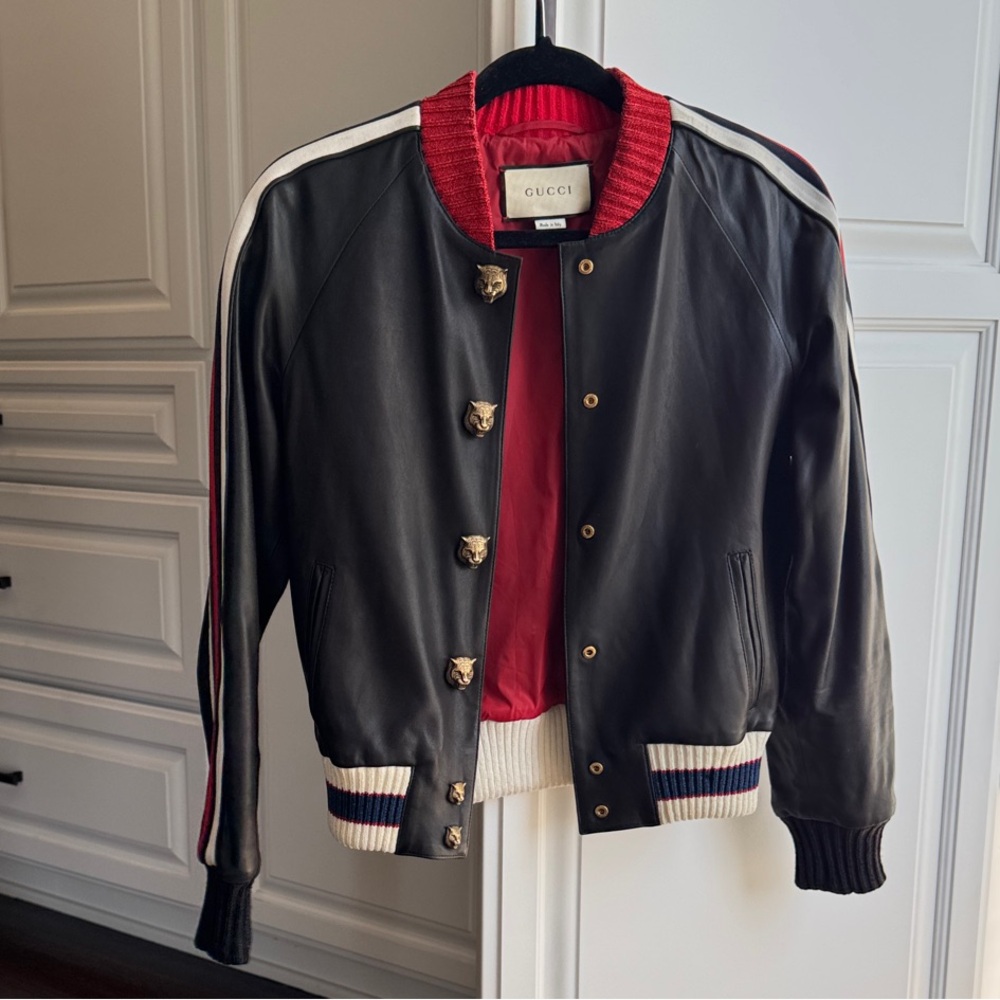 RARE Gucci Black Leather Bomber Jacket with Red and White Details- Alessandro